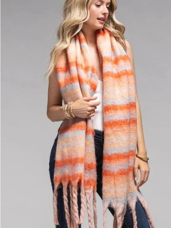 Accessories - NWT Soft Striped Fringe Scarf in Orange and Cream